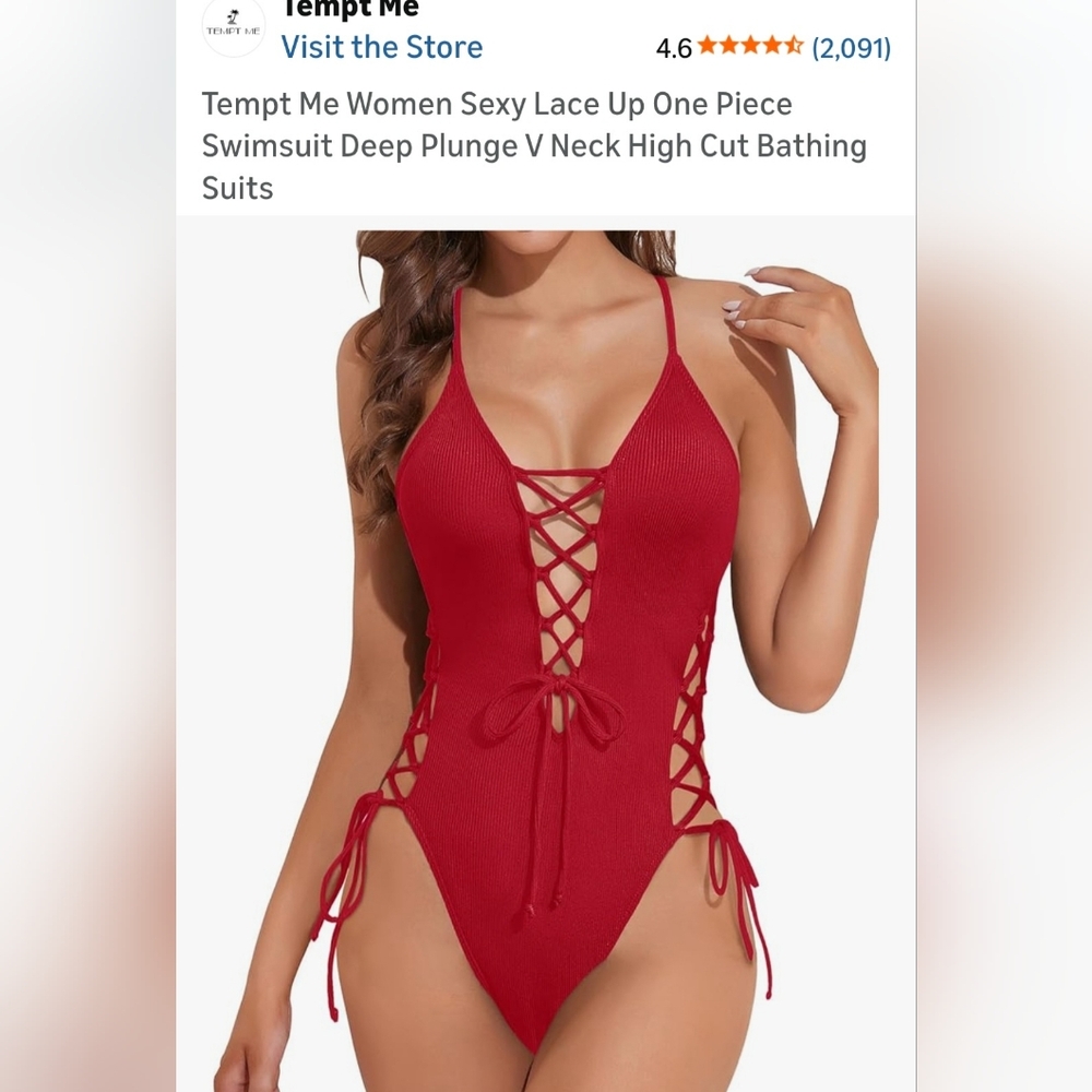 Deep V Lace-Up One-Piece Swimsuit in Red. B-25